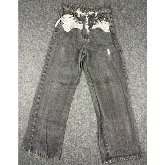 Rocawear Denim - Rocawear Womens Baggy Wide Leg Jeans Size 16 Black Distressed Y2K Embroidered